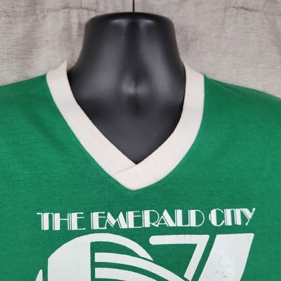 70s Single Stitch Green White Baseball Vneck Tee The Emerald City Oz Band Soccer - Picture 6 of 9